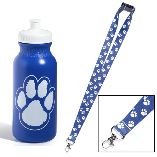 Blue and White Paw Water Bottle and Neck Strap Set