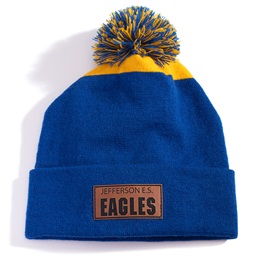 Two-Color Knit Pom Beanie with Cuff and Custom Leather Patch