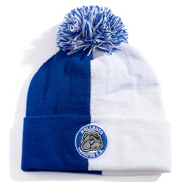 Two-Tone Knit Pom Beanie with Cuff and Custom Embroidered Patch