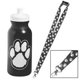 Paw Water Bottle and Neck Strap Set - Black and White