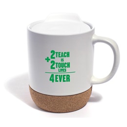 Ceramic Mug With Cork Base and Lid - 2 Teach is 2 Touch Lives 4 Ever